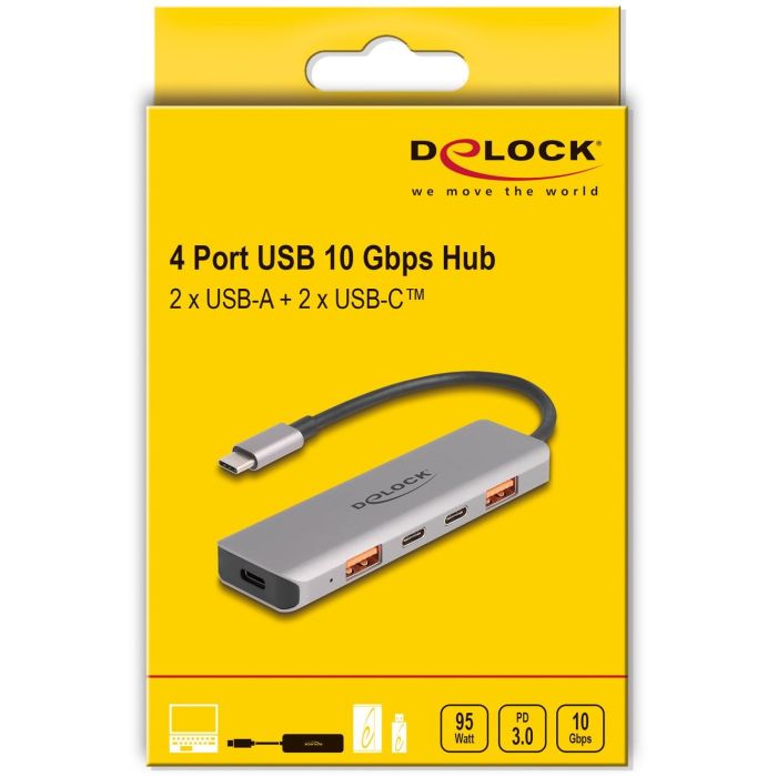 DELOCK USB 10 Gbps 2 Port USB Typ-A + 2 Port USB Type-C Hub mit USB Type-C Anschluss und PD 95 Watt 2