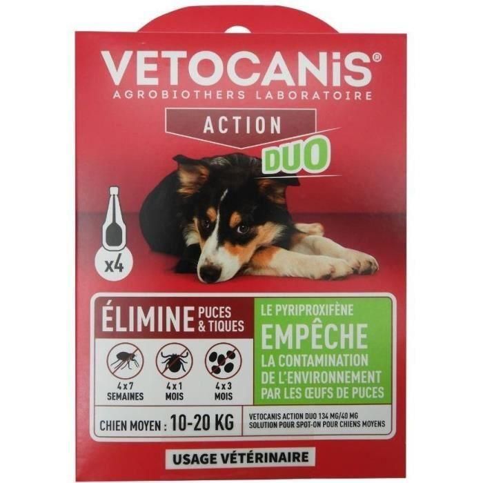 Vetocanis VET3428170006979 Pipetas x4 para Perros Medianos Antipulgas y Garrapatas Duo 134mg/40mg