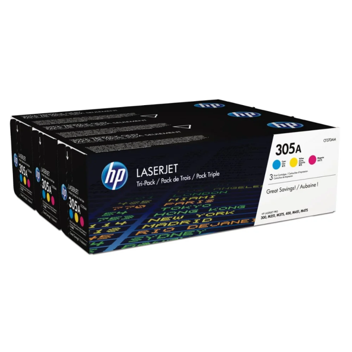 HP Pack Ahorro 3 Cartuchos Tóner Original LaserJet 305A Cian Magenta Amarillo Rendimiento 2600 Pág. 1