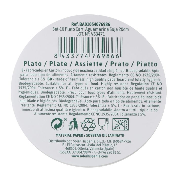 Set de 10 platos de cartón Aguamarina Soja 20 cm - Algon (24 Cajas) 1 Set de 10 platos de cartón Aguamarina Soja 20 cm - Algon (24 Cajas) 1