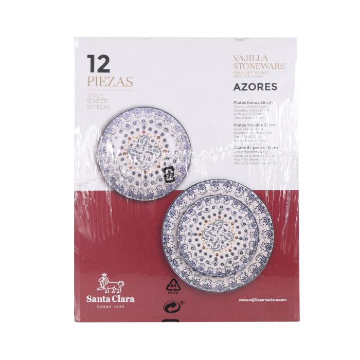 Santa Clara Vajilla 12 Piezas Azores Monaco, Brillo, Forma Redonda, Plato Llano 26 cm, Plato Hondo 21 cm, Plato Postre 20 cm (2 Unidades)