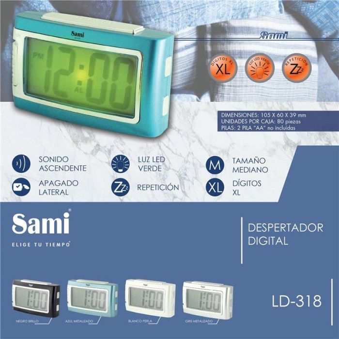 SAMI Despertador LCD Rectangular con Pantalla XL de Dígitos, Luz de Fondo Verde, Color Blanco