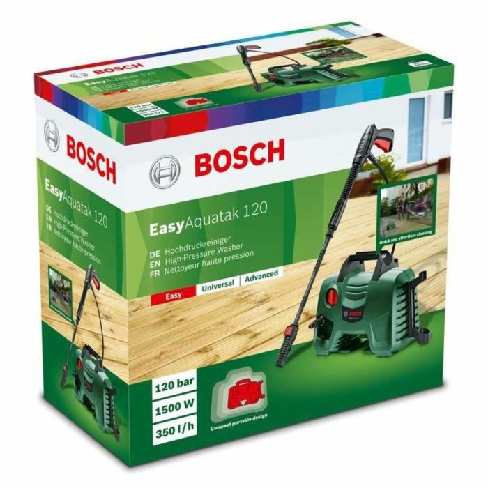Bosch EasyAquatak 120 Lavadora Alta Presión 1500W, 120 bar, 350L/h, Bomba Aluminio, Pistones Inoxidables, Manguera 3m, 2 Boquillas 4 Bosch EasyAquatak 120 Lavadora Alta Presión 1500W, 120 bar, 350L/h, Bomba Aluminio, Pistones Inoxidables, Manguera 3m, 2 Boquillas 4