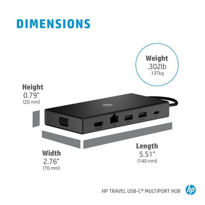 HP Hub Multi Puerto USB-C para Viajes con HDMI, VGA, Ethernet y Carga 0.378 lb / 171 g 3