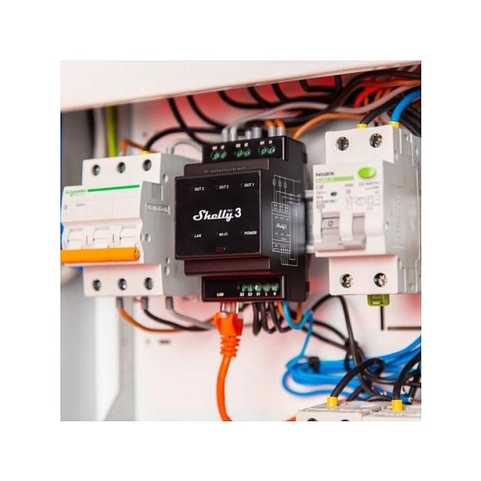 Shelly Pro 3 Relé Inteligente WLAN LAN 3x 16A 3 Canales 3 Fases Máx. 48A BT Montaje Carril DIN