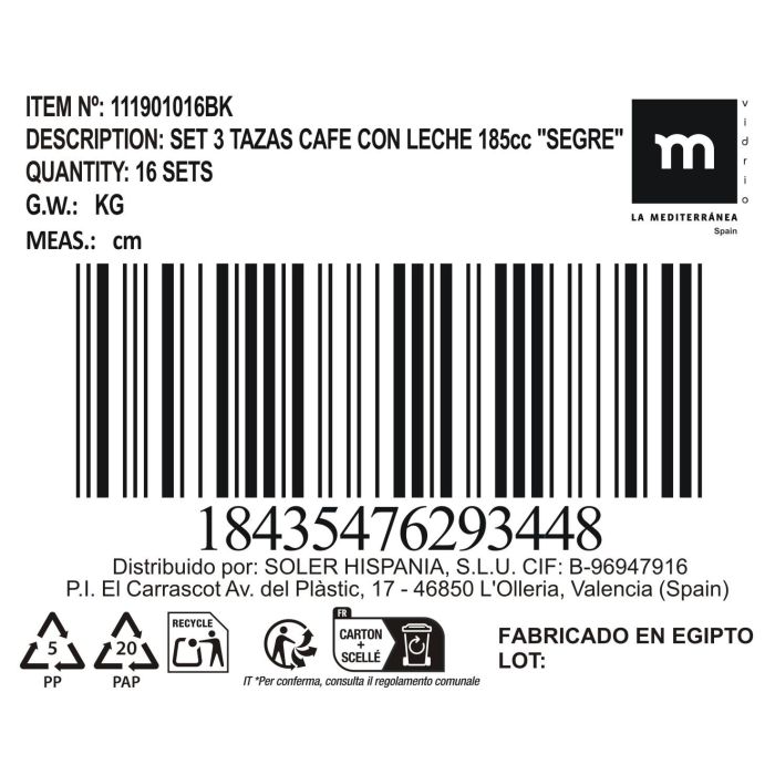 Set 3 Tazas Café Con Leche 185 cc Segre - Inde (16 Cajas) 2 Set 3 Tazas Café Con Leche 185 cc Segre - Inde (16 Cajas) 2