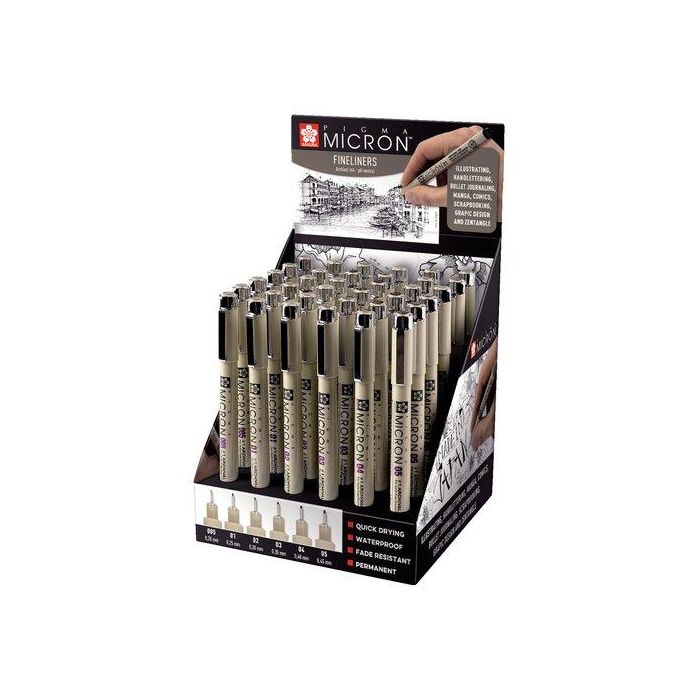 Talens Sakura Expositor De 36 Rotuladores Permanentes Pigma Micron Fineliner Negro - Varios Anchores De Punta