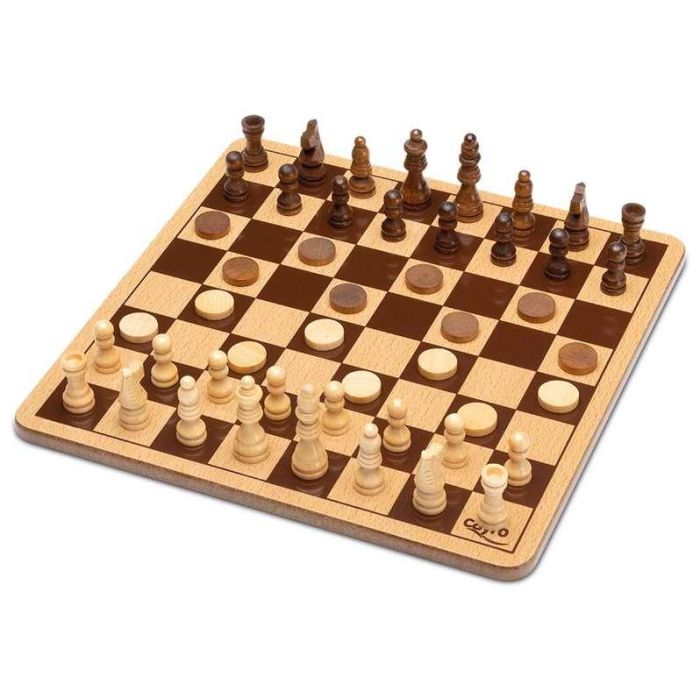 Juego ajedrez y damas de madera en caja de metal 25,5x25,5 cm Juego ajedrez y damas de madera en caja de metal 25,5x25,5 cm