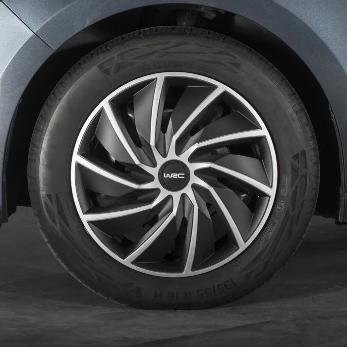 WRC Juego 4 Tapacubos Bi-Color 14 Pulgadas Negro Mate Gris Plateado ABS Diseño Deportivo Turbo