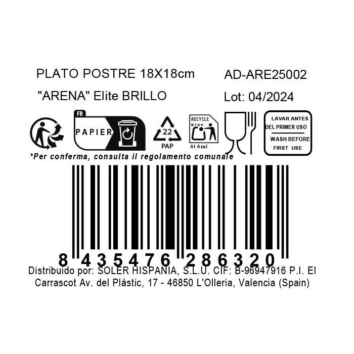 Inde Plato Postre 18 x 18 cm, Colección Arena, Acabado Elite Brillo, Cerámica (12 Unidades)