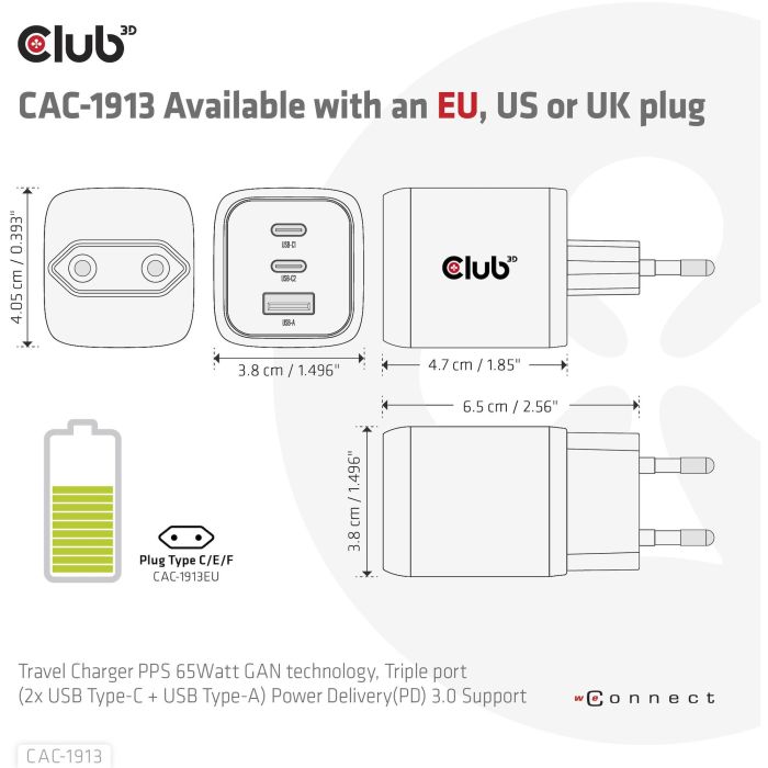 Club3D Ladegerät 2xUSB Typ C. 1xUSB Typ A. PD 65W. GaN retail 2