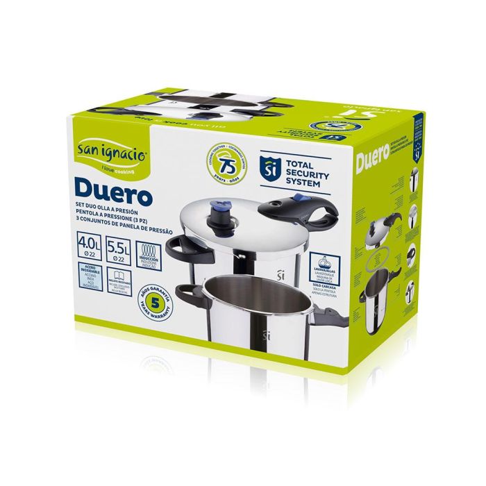 San Ignacio Olla a Presión Duero SG1530 Acero Inoxidable 2 Piezas Ø22 cm Capacidad 4 y 5,5 L Apta Inducción 1
