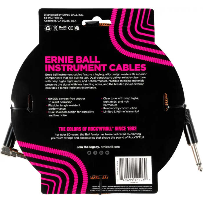 Ernieball Cable para Instrumento Trenzado Jack-Jack SA 3 Metros Naranja/Negro 1 Ernieball Cable para Instrumento Trenzado Jack-Jack SA 3 Metros Naranja/Negro 1