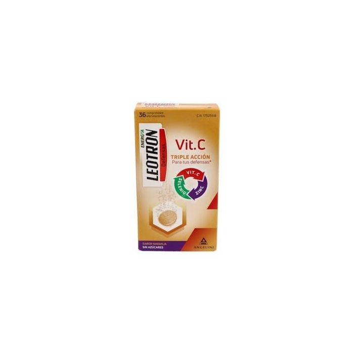 Leotron Vitamina C 36 Comprimidos Efervescentes: Triple Acción Defensas con Zinc y Selenio, Sabor Naranja, Para 36 Días