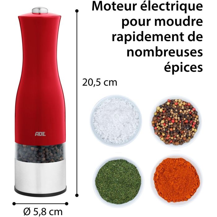 Molinillo eléctrico de sal y pimienta - ADE - UTENSILIOS DE COCINA - Acero inoxidable/Plástico - 22,5 cm de alto - Incluye 6 pilas AAA - Rojo 4 Molinillo eléctrico de sal y pimienta - ADE - UTENSILIOS DE COCINA - Acero inoxidable/Plástico - 22,5 cm de alto - Incluye 6 pilas AAA - Rojo 4