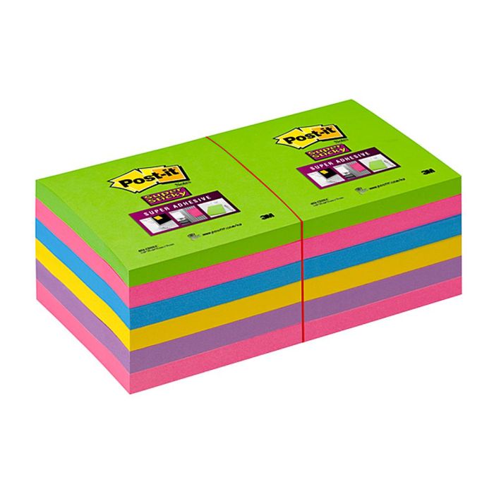 Bloc De Notas Adhesivas Quita Y Pon Post-It Super Stick Ultra 76x76 mm Pack De 12 Bloc Verde Rosa Amarilla 1