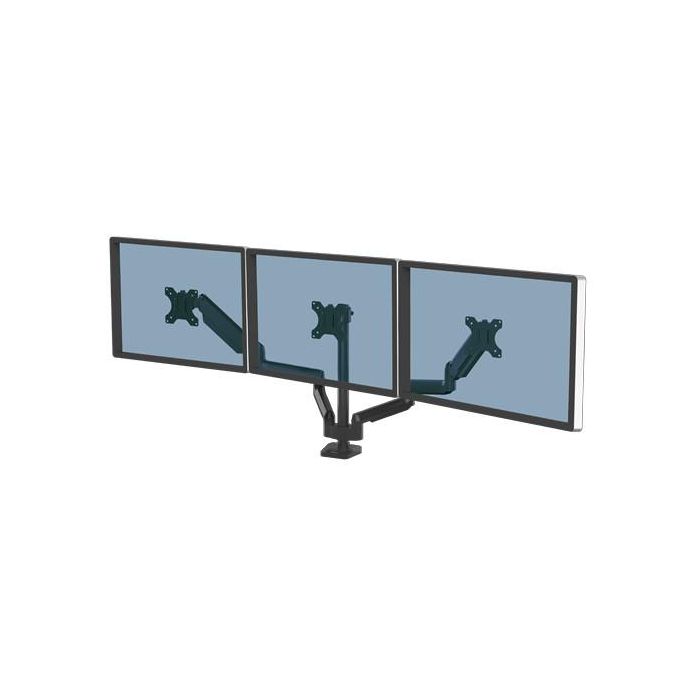 Fellowes 8042601 - Brazo triple para 3 monitores hasta 30" con 2 puertos USB-A, montaje pinza/atornillado, Negro