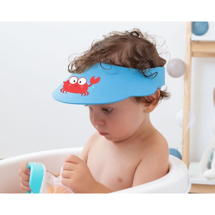 KioKids Visera Antilágrimas Baño para Bebé Cangrejo, Protección Impermeable de Ojos y Orejas, Material EVA Azul, Ajustable +9 meses 1