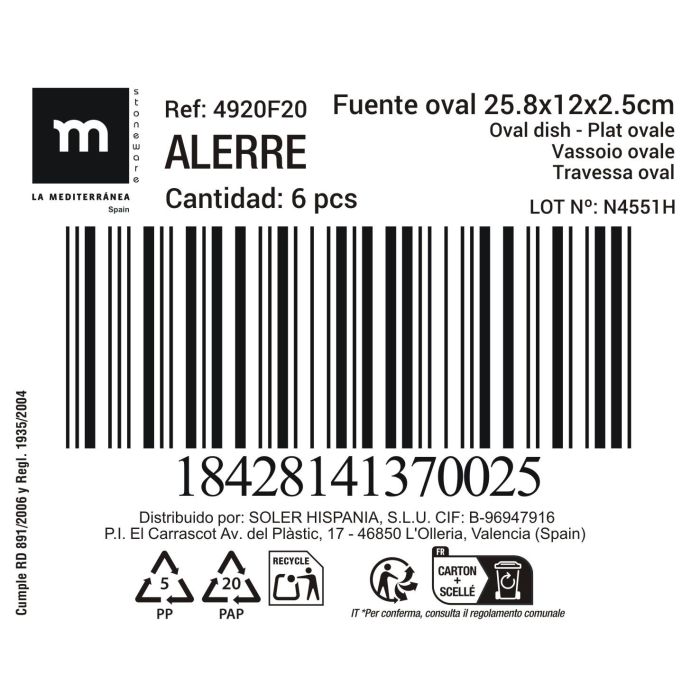 La Mediterranea Fuente Oval Cerámica para Servir Alerre, 25.8 cm de Largo x 11.9 cm de Ancho x 2.5 cm de Alto (24 Unidades)
