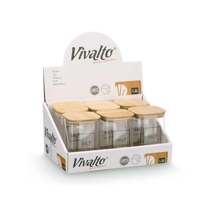 Bote Cuadrado Borosilicato Tapa Bambu Salt 1,2L Vivalto 10X16CM (12 Unidades) 1 Bote Cuadrado Borosilicato Tapa Bambu Salt 1,2L Vivalto 10X16CM (12 Unidades) 1