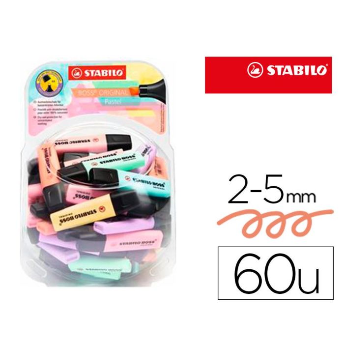 Stabilo Boss 70 Pastel Rotulador Fluorescente Expositor Bombonera 60 Unidades Colores Surtidos con Tecnología Antisecado 4h y Doble Trazo 2/5mm