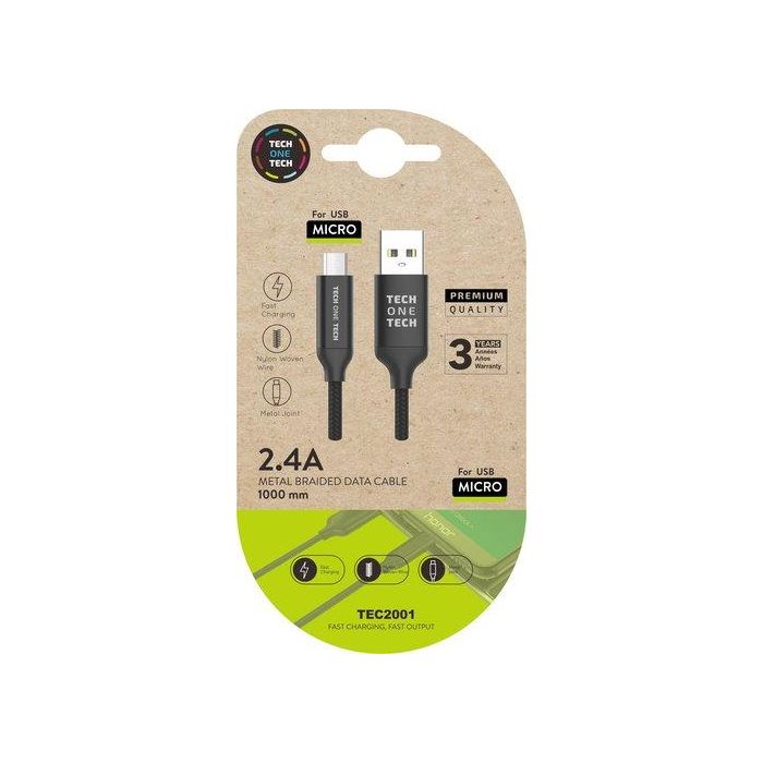 Tech One Tech Cable USB-A a Micro USB 1m Nylon Trenzado Negro - Carga Rápida 2.4A