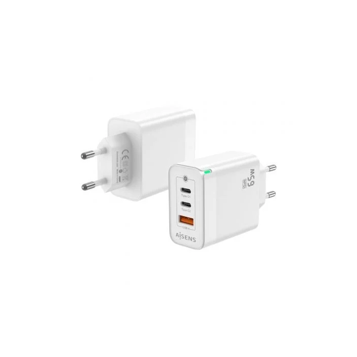 Aisens Cargador GaN 65W, 2xUSB-C PD3.0 QC4.0, 1xUSB-A QC3.0 Blanco para Portátiles y Móviles