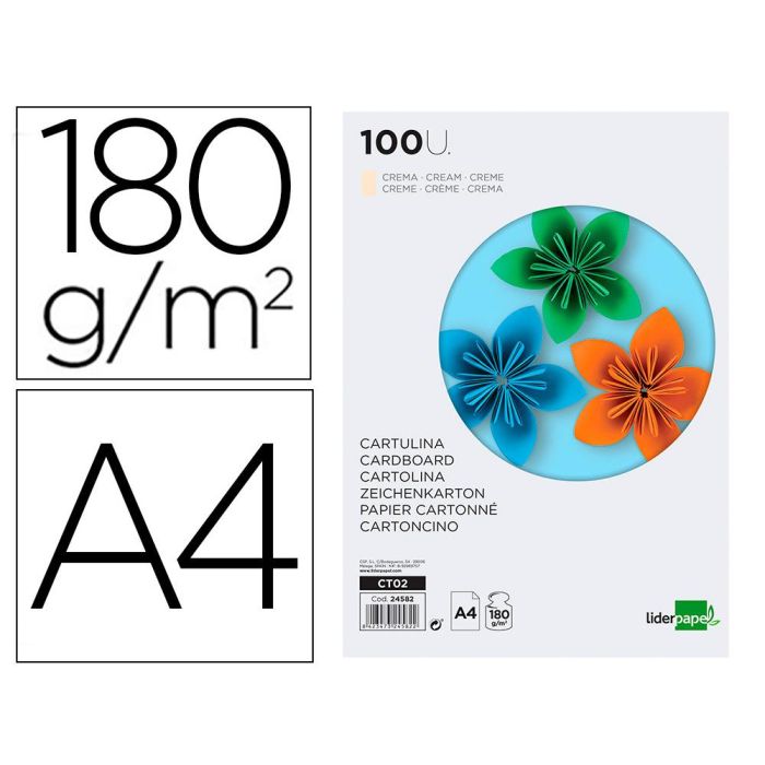 Cartulina Liderpapel A4 180 gr-M2 Crema Paquete De 100 Hojas