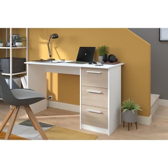 Office Essential Parisot 3 Cajones - Decoración Chene y Blanca - L 121.2 x D 55 x H 74.5 cm - Hecho en Francia 1