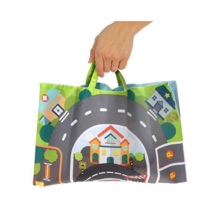 KioKids Circuito de Coches Manta de Actividades Textil con 6 Vehículos Blanditos Convertible en Bolsa Portátil Multicolor +12 meses 4