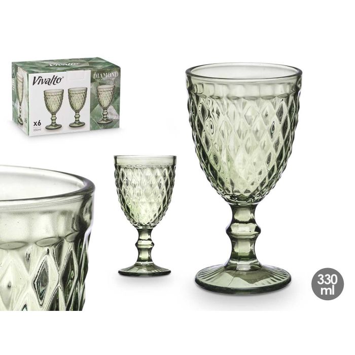 Vivalto Copa Diamante Verde 330 ml - Vaso de vidrio con base de 7.5 cm - 8.8x16.5x8.8 cm (24 Unidades)