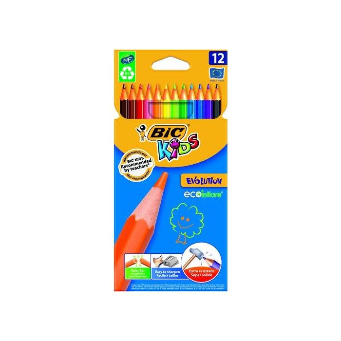 Bic Lápices de Colores sin Madera, Punta Ultra Resistente a Golpes, No se Astilla al Romperse, Colores Vivos, Blíster 12 Unidades Surtidas