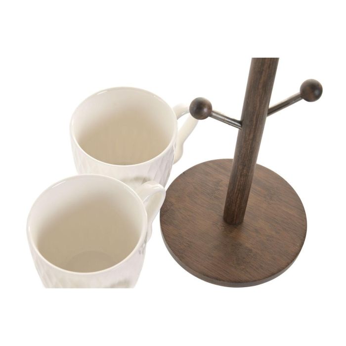 DKD Home Decor Mug Pengjia 25 Blanco Marron Oscuro Porcelana Bambu Set de 4 Piezas 350ml Apto Microondas Lavavajillas 13x13x32 cm 1