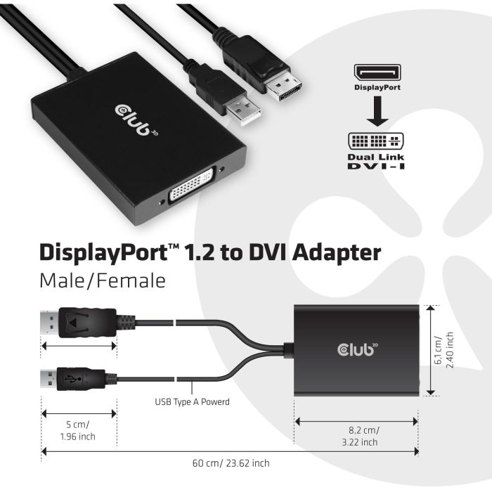 Club3D Adaptador DisplayPort a DVI-D (Active Dual Link) CAC-1010, 0.6m, Negro/Blanco, Soporta 4K 2
