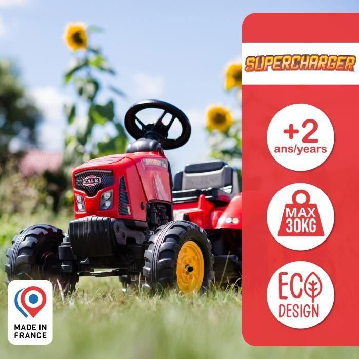 Falk Tractor de pedal Supercharger rojo con capó de apertura y remolque, juguete infantil para 2-5 años 3