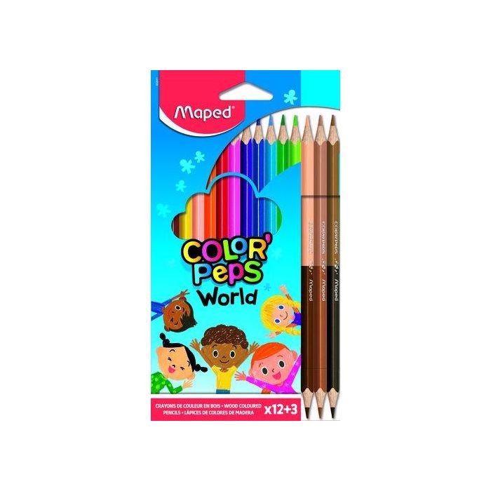 Maped Lápices de Colores Color Peps World, Caja de 12 Colores Surtidos + 3 Duo Tonos de Piel, Madera, Hexagonal