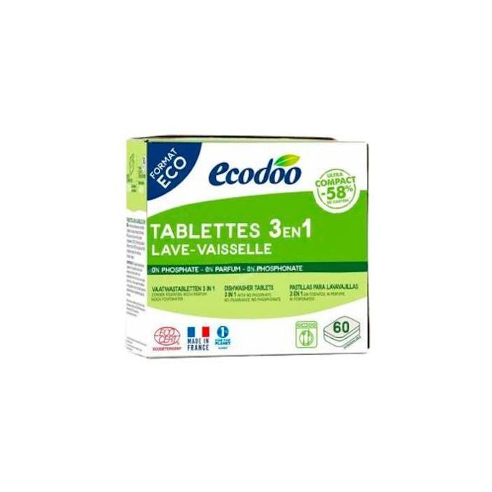 ECODOO Lavavajillas Pastillas 3 en 1, 60 Unidades de 12g – Eficaz a Baja Temperatura, Apto Veganos y 96% Origen Natural