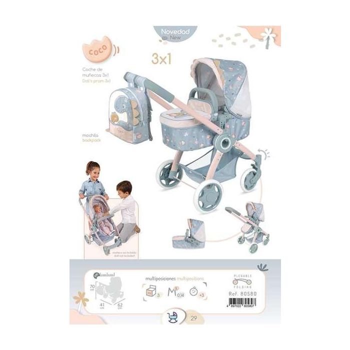 Coche de muñeca 3x1 plegable coco con mochila para muñecas de hasta 48 cm 41x62x70 cm 9 Coche de muñeca 3x1 plegable coco con mochila para muñecas de hasta 48 cm 41x62x70 cm 9