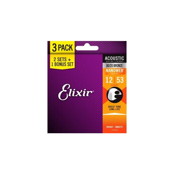 Elixir Pack de 3 Juegos Cuerdas Acústica Nanoweb Bronze 80/20 Light 12-53