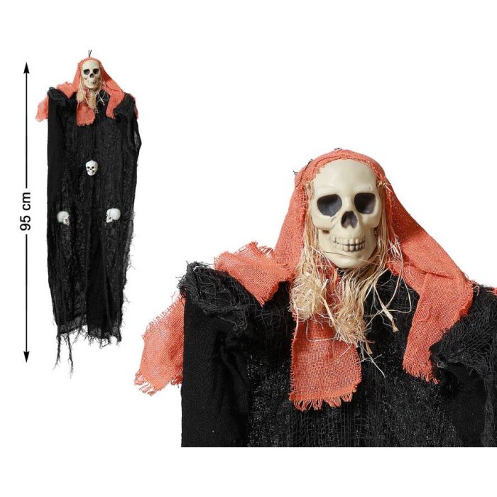 Esqueleto Colgante Con Capa Negra Y Pañuelo Rojo 95 cm Para Decoración Terror Halloween