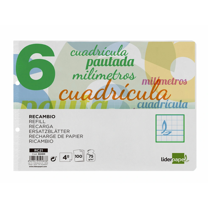 Liderpapel Recambio Cuarto Apaisado Pautaguía 100 Hojas 75gr Cuadriculado Pautado 6mm con Margen y 2 Taladros 1