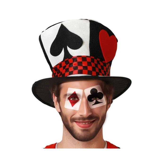 Sombrero Alto Con Naipes Y Cuadros Rojos Para Disfraz De Mago O Casino