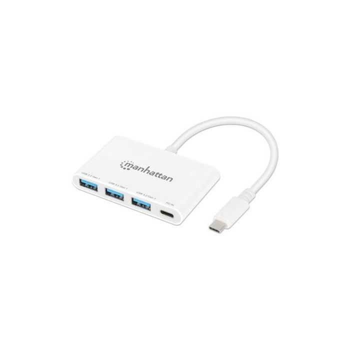 MANHATTAN 168434 Hub USB 3.0 Tipo-C con PD (100W), 3 Puertos USB-A, 5 Gbps, Color Blanco para Windows/Mac/Linux
