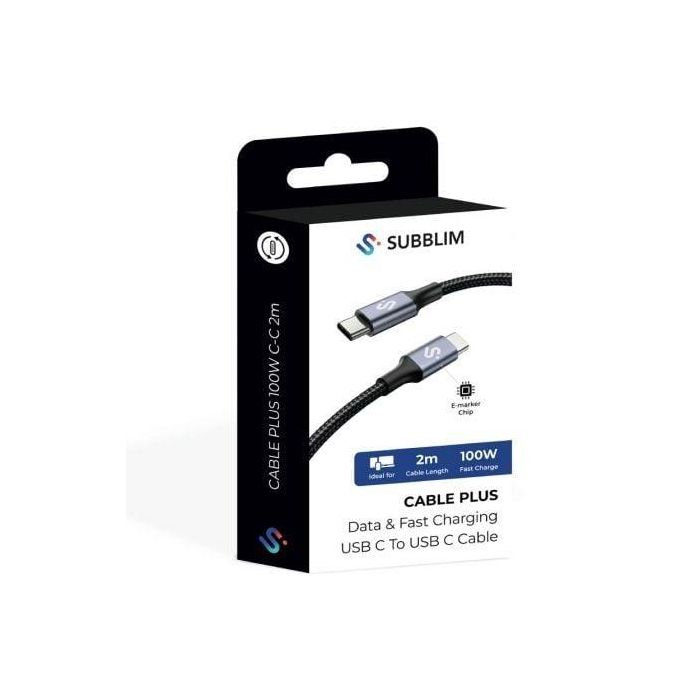 Subblim Cable USB-C a USB-C PLUS 100W 2m Negro con Chip E-Marker Carga Rápida PD 3.0 QC 3.0 Nylon Trenzado 480Mbps SUBCAB-C10002 4 Subblim Cable USB-C a USB-C PLUS 100W 2m Negro con Chip E-Marker Carga Rápida PD 3.0 QC 3.0 Nylon Trenzado 480Mbps SUBCAB-C10002 4