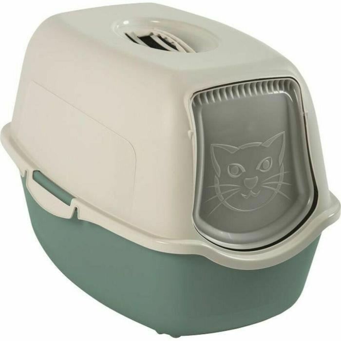 Rotho Mypet Bandeja Sanitaria Gatos Eco Bailey, Filtro Carbón Activo Anti-Olor, Puerta Giratoria, Plástico Reciclado, Blanco Verde Salvia