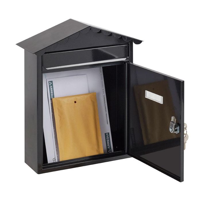 Arregui Visit - Buzón Individual Exterior Mediano (A4) de Acero Negro 30x11x36 cm - Apertura Lateral, con Tejadillo 1