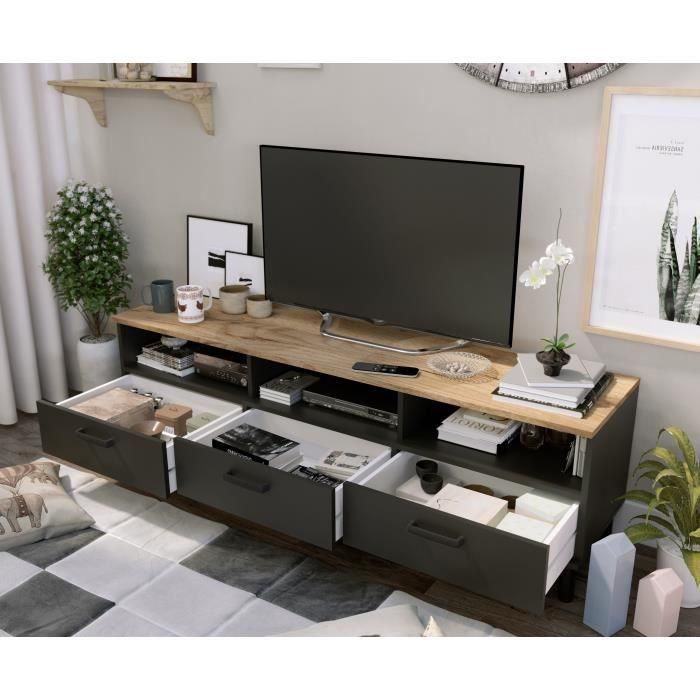 Mueble TV + conjunto mesa de centro OXFORD - Estilo industrial - Melamina roble negro - Mesa de centro: L110xP55xH40 - Mueble TV: 2 Mueble TV + conjunto mesa de centro OXFORD - Estilo industrial - Melamina roble negro - Mesa de centro: L110xP55xH40 - Mueble TV: 2