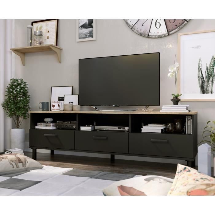 Mueble TV + conjunto mesa de centro OXFORD - Estilo industrial - Melamina roble negro - Mesa de centro: L110xP55xH40 - Mueble TV: 4 Mueble TV + conjunto mesa de centro OXFORD - Estilo industrial - Melamina roble negro - Mesa de centro: L110xP55xH40 - Mueble TV: 4