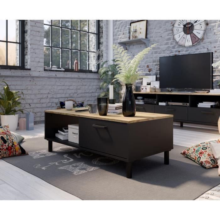 Mueble TV + conjunto mesa de centro OXFORD - Estilo industrial - Melamina roble negro - Mesa de centro: L110xP55xH40 - Mueble TV: 5 Mueble TV + conjunto mesa de centro OXFORD - Estilo industrial - Melamina roble negro - Mesa de centro: L110xP55xH40 - Mueble TV: 5