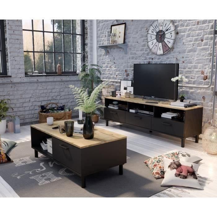 Mueble TV + conjunto mesa de centro OXFORD - Estilo industrial - Melamina roble negro - Mesa de centro: L110xP55xH40 - Mueble TV: Mueble TV + conjunto mesa de centro OXFORD - Estilo industrial - Melamina roble negro - Mesa de centro: L110xP55xH40 - Mueble TV: